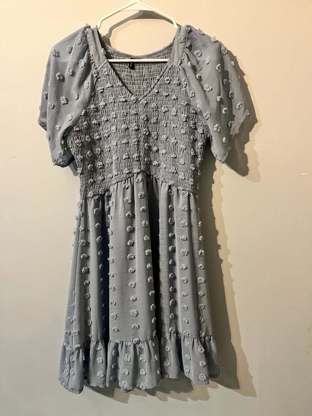 03-057 Zattcas Womens Smocked Swiss Dot Flutter Sleeve V-Neck Ruffle Tiered Mini